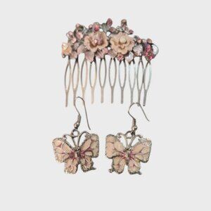 Floral Butterfly Hair Comb and Earrings Set
